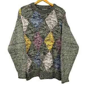Vintage 90s Argyle Knit Sweater Wool Blend Green Eclectic Clothing